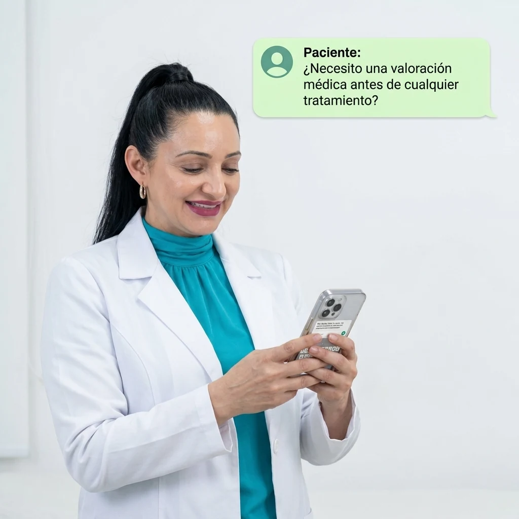 Dra. Shirley Quirós respondiendo en su celular la pregunta de una paciente: ¿Necesito una valoración médica antes de cualquier tratamiento?
